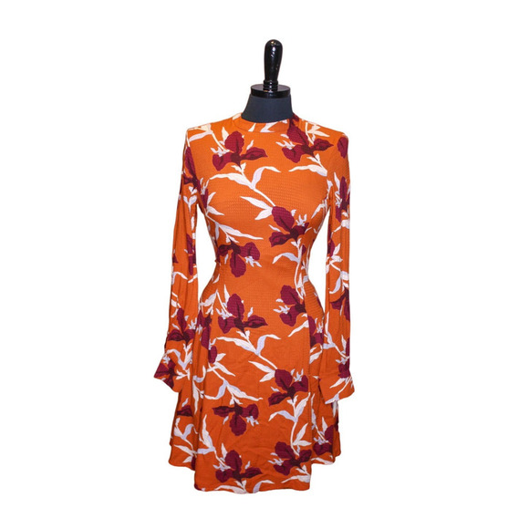Y.A.S. Yasirisa Long Sleeve Mini Dress Floral Laced Back Orange Brown - Picture 1 of 5